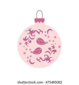 Vector icon Christmas ball with birds and frost patterns on light background.