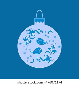 Vector icon Christmas ball with birds and frost patterns on dark background.