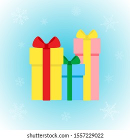 Vector icon of Christmas box set in flat style on winter background. Festive Xmas illustration with snowflakes for design, posters, card, invitations, gift, greeting card. Christmas decoration.