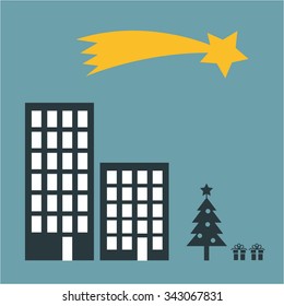 Vector icon of christmas comet flying over the city | white flat design pictogram illustration and infographic isolated on blue background