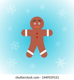 Vector icon of Christmas gingerbread man in flat style on winter background. Festive Xmas illustration with snowflakes for design, posters, card, invitations, gift, greeting card. Christmas decoration