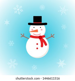 Vector icon of Christmas snowman in flat style on winter background. Festive Xmas illustration with snowflakes for design, posters, card, invitations, gift, greeting card. Christmas decoration.