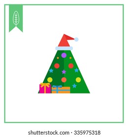 Vector icon of Christmas tree decorated with balls and Santa hat