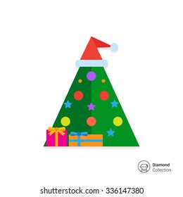 Vector icon of Christmas tree decorated with balls and Santa hat