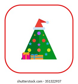 Vector icon of Christmas tree decorated with balls and Santa hat