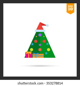 Vector icon of Christmas tree decorated with balls and Santa hat