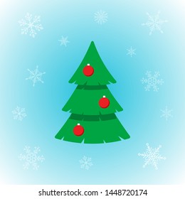 Vector icon of Christmas tree in flat style on winter background. Festive Xmas illustration with snowflakes for design, posters, card, invitations, gift, greeting card. Christmas decoration.