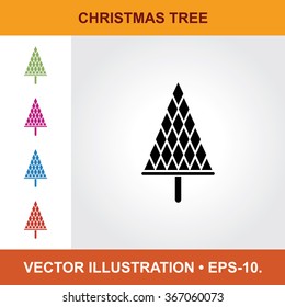 Vector Icon Of Christmas Tree With Title & Small Multicolored Icons. Eps-10.