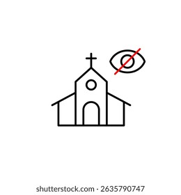 Vector icon of church with crossed-out eye, symbolizing hidden sanctuary, private worship, or unseen spiritual space. Ideal for religious apps, privacy settings, and community platforms