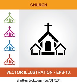 Vector Icon Of Church With Title & Small Multicolored Icons. Eps-10.