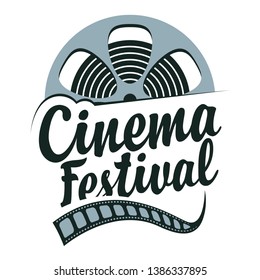 Vector icon for cinema festival with old film strip reel and calligraphic inscription. Retro movie banner, can be used for poster, flyer, billboard, web page, background, tickets