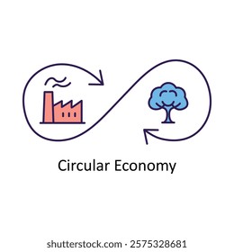Vector icon for Circular Economy. Represents sustainable production, consumption, and recycling with factory and tree symbols.