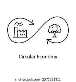 Vector icon for Circular Economy. Represents sustainable production, consumption, and recycling with factory and tree symbols.