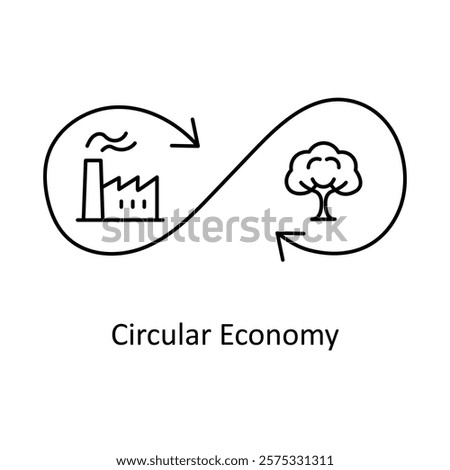 Vector icon for Circular Economy. Represents sustainable production, consumption, and recycling with factory and tree symbols.