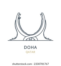 Icono vector del punto de referencia de la ciudad de DOHA en el país de QATAR. Ilustración lineal del famoso monumento sobre un fondo blanco. Iconos del paisaje urbano del famoso y moderno símbolo de la ciudad. 