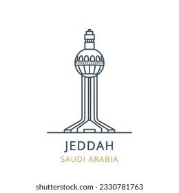 Vector icon of the city landmark of JEDDAH in the country of SAUDI ARABIA. Linear illustration of the famous landmark on a white background. Cityscape icons of the famous, modern city symbol. 