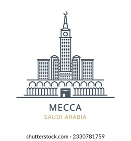 Icono vector del punto de referencia de la ciudad de MECCA en el país de ARABIA SAUDITA. Ilustración lineal del famoso monumento sobre un fondo blanco. Iconos del paisaje urbano del famoso y moderno símbolo de la ciudad. 