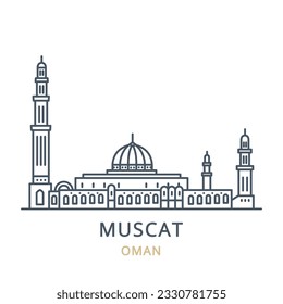 Vector icon of the city landmark of MUSCAT in the country of OMAN. Linear illustration of the famous landmark on a white background. Cityscape icons of the famous, modern city symbol. 