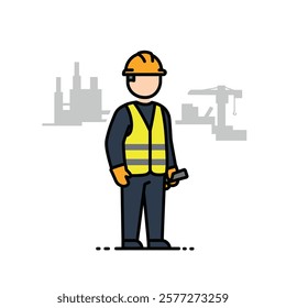 Vector icon: Civil engineer in a Safety Vest and Helmet Holding a Cell Phone.