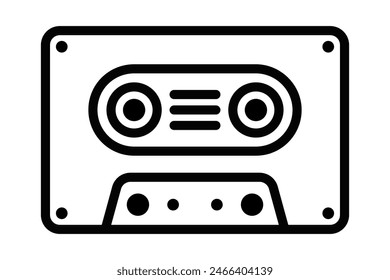 Icono de Vector de un clásico cassette, renderizado en un sencillo estilo blanco y negro, perfecto para temas de música retro. Trazo editable.