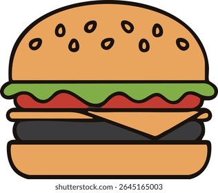 Vector icon of a classic cheeseburger with lettuce and tomato, a flat outline symbol for American fast food, restaurants, and takeout menus.