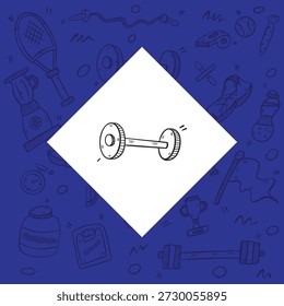 Icono de Vector de un peso de mancuerna clásico. Situado en un fondo azul con sutiles patrones de fitness doodle. Perfecto para el entrenamiento de fuerza, guías de entrenamiento en el hogar y la marca del gimnasio.