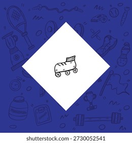 Ícone de vetor de um patins clássico. Defina em um fundo azul com sutis padrões de doodle fitness. Perfeito para esportes ao ar livre, recreação e temas de estilo de vida ativo.