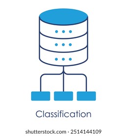Ícone de vetor para Classificação. Um banco de dados que simboliza a organização e a classificação de dados, essencial para a aprendizagem de máquina em um design azul simples.