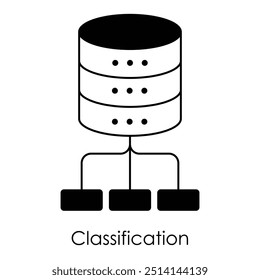 Ícone de vetor para Classificação. Um banco de dados que simboliza a organização e a classificação de dados, essencial para a aprendizagem de máquina em um design azul simples.