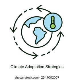 Ícone vetorial para Estratégias de Adaptação Climática com Símbolos Meteorológicos. Ilustração com ciclos de sol, nuvens e pingos de chuva, representando técnicas de adaptação para mudanças climáticas.