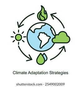 Vector icon for Climate Adaptation Strategies with Weather Symbols. Illustration featuring sun, cloud, and raindrop cycles, representing adaptation techniques for changing climates.