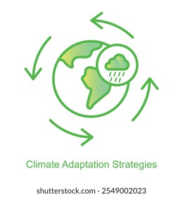 Ícone vetorial para as estratégias de adaptação às alterações climáticas para o desenvolvimento sustentável. Apresenta um fluxo cíclico de sol, chuva e nuvens, simbolizando a gestão do clima e a resiliência.