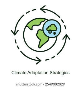 Ícone vetorial para Estratégias de Adaptação Climática com Símbolos Meteorológicos. Ilustração com ciclos de sol, nuvens e pingos de chuva, representando técnicas de adaptação para mudanças climáticas.