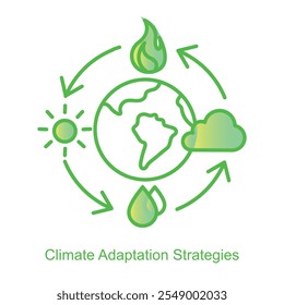 Ícone vetorial para as estratégias de adaptação às alterações climáticas para o desenvolvimento sustentável. Apresenta um fluxo cíclico de sol, chuva e nuvens, simbolizando a gestão do clima e a resiliência.