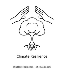 Vector icon for Climate Resilience. Hands protecting a tree to symbolize climate adaptability and sustainability.