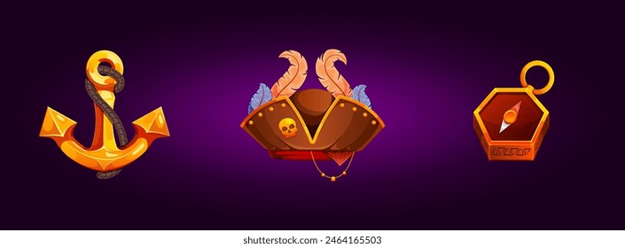 vector; icon; clipart; purple; blue; brown; design; reward; compass; anchor; rope; gold chain; hat; feathers; graphic; game; illustration; cartoon; 