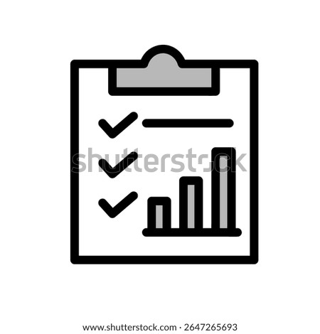 Vector icon of a clipboard with checklist marks and a bar chart, symbolizing task completion, reporting, project tracking, and analytics. 