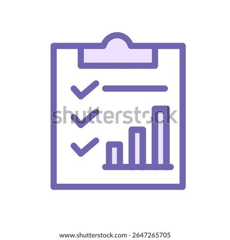 Vector icon of a clipboard with checklist marks and a bar chart, symbolizing task completion, reporting, project tracking, and analytics. 