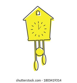 Vector icon of clock with cuckoo cartoon style on white isolated background.