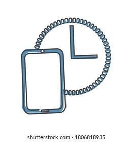 Vector icon clock and telephone cartoon style on white isolated background.