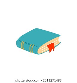 Vektorsymbol eines geschlossenen Buches mit blauem Umschlag und Lesezeichen zwischen den Seiten. Ideal für Verleger von Lehrbüchern und für die Markenbildung von Literatur. Symbol im Cartoonstil auf isoliertem Hintergrund.