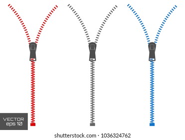 Vector icon closed and open zipper, fastener.  Zipper buttoned