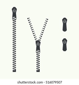 Vector icon closed and open zipper, fastener. Set of zip. buckle