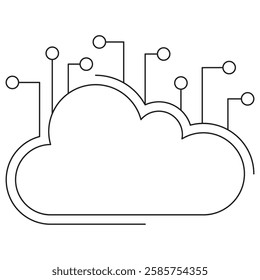 Vector icon of a cloud with circuit connections, representing cloud computing and digital technology. Thin black line illustration on a transparent background. Editable stroke width for customization