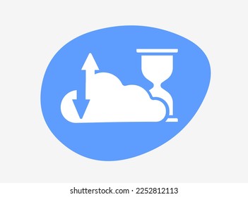 Vector icon of cloud storage with up and down arrows and hourglass, emphasizing time and efficiency of data management and cloud computing accessibility