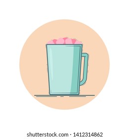 Vector icon of cocoa or hot chocolate with marshmallow on top in a mug. Isolated in circle. Flat design. Mint and pink colors.