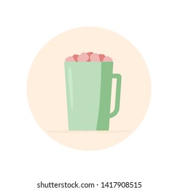 Vector icon of cocoa or hot chocolate with marshmallow on top in a mug. Isolated in circle. Flat design. Green and pink colors.
