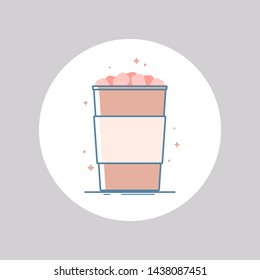 Vector icon of cocoa or hot chocolate with marshmallow on top in a cup for take away. Isolated in circle. Flat design. Brown and pink colors.