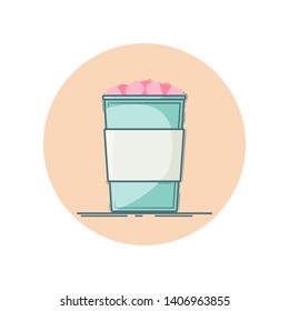 Vector icon of cocoa with marshmallow in a cup for take away. Isolated in circle.