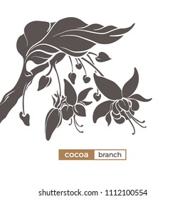 Vector icon of cocoa tree branch with leaves and flower. Botanical hand drawing.  Logo design, silhouette. Realistic nature style symbol. Organic food. Black illustration isolated on white background 